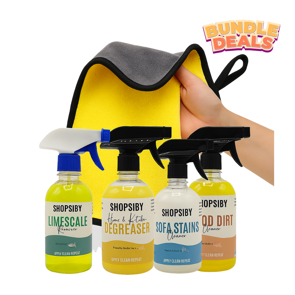 5 In 1 Home Care Kit - Home & Kitchen Degreaser (250ml) + Sofa Stains Cleaner (250ml) + Wood Dirt Cleaner (250ml) + Limescale Remover (250mll) + Microfiber Cloth (1 Unit)